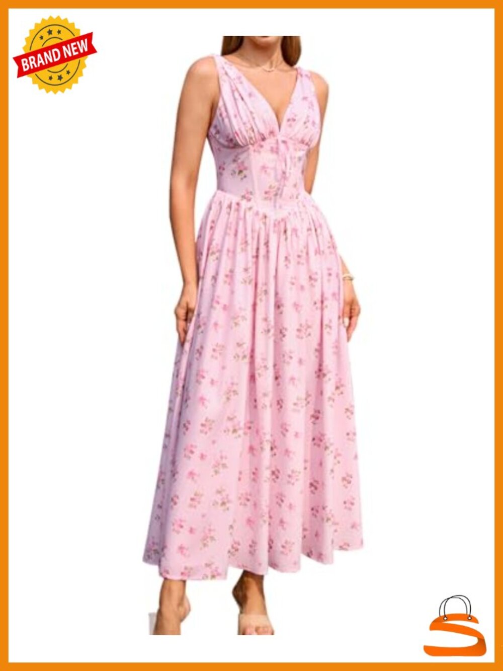 V Neck Corset Midi Milkmaid Dress Flowy A Line Sundress with Pockets